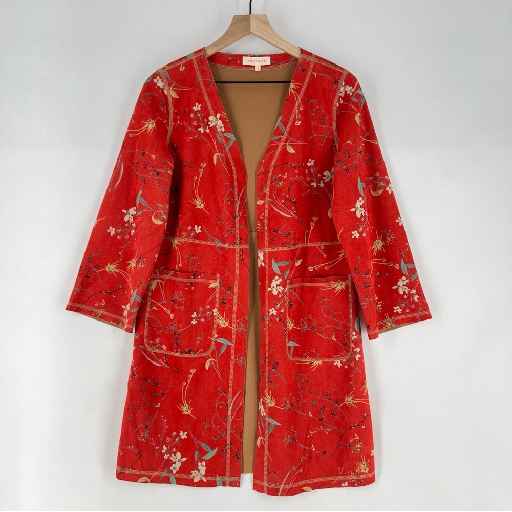 Solitaire Floral Print‎ Faux Suede Cropped Flare Sleeve Long Line Kimono Jacket